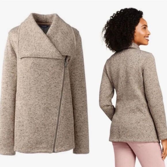 Lands End Motto Knit Fleece Oatmeal Tweed Asymmetrical Zip Jacket Blazer Coat - Picture 1 of 16